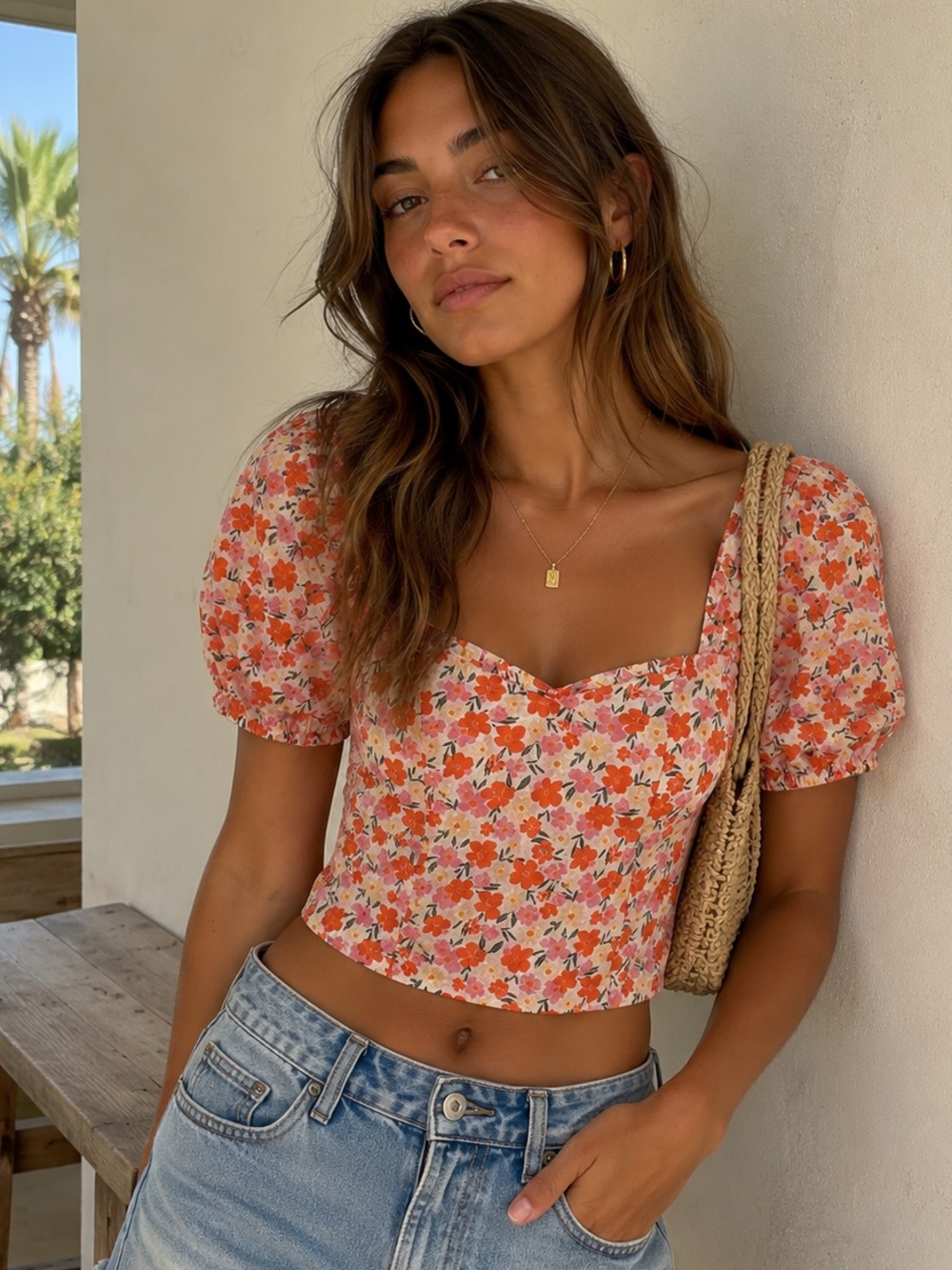 Blu Pepper Floral Puff Sleeve Square Neck Tie Back Cotton Crop Top Size S